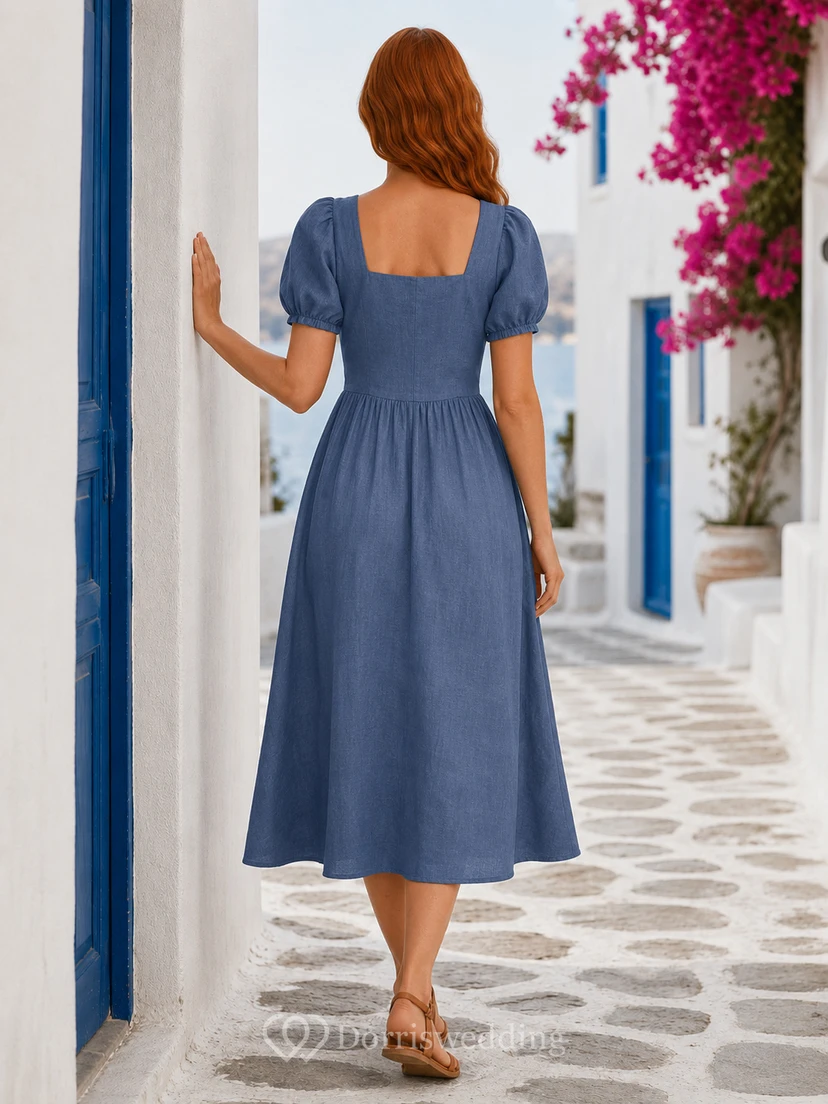 Blue Square Neck Puff Sleeve Linen Travel Midi Dress view 2