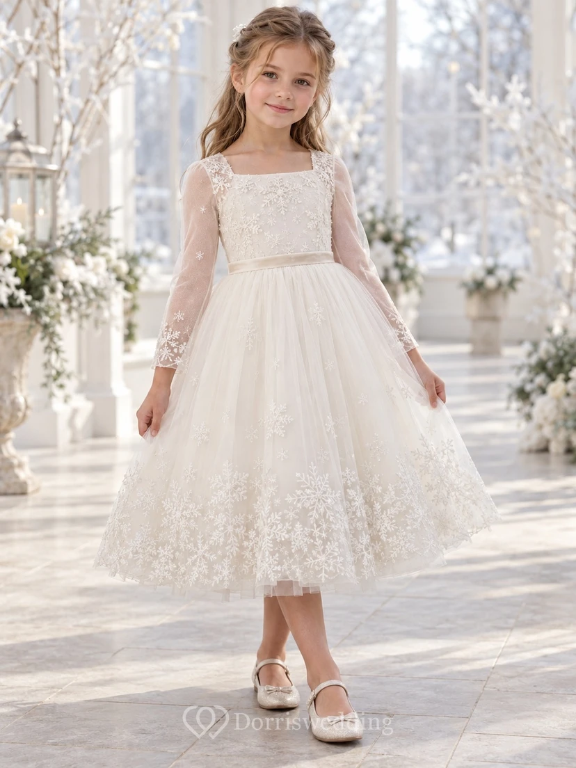 Ivory Tulle Square Neck Long Sleeve Snowflake Flower Girl Dress
