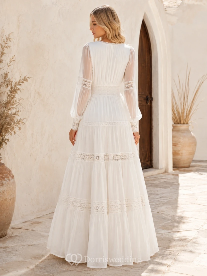 Romantic Bohemian Chiffon Lace V-Neck Long Sleeve A-Line Floor-Length Wedding Dress view 2