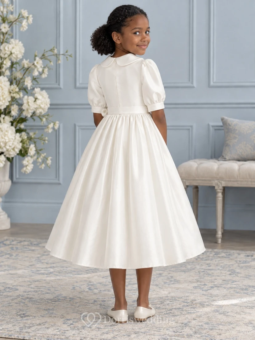 Tea-length Vintage Ivory A-line Satin Collared Puff-sleeve Side-bow Flower Girl Dress view 2
