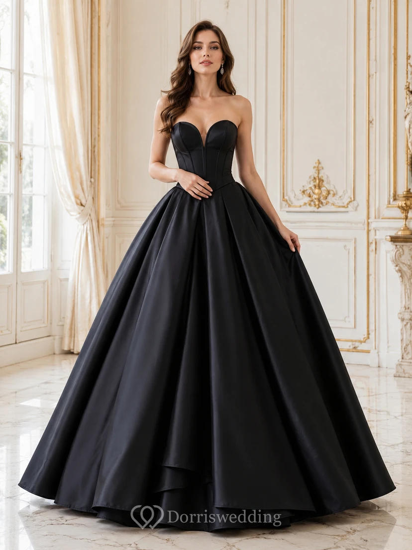 Vestido de fiesta largo hasta el suelo con cola, de satén negro, sin tirantes, escote corazón, pliegues, escote en V profundo, cremallera en la espalda y falda larga.