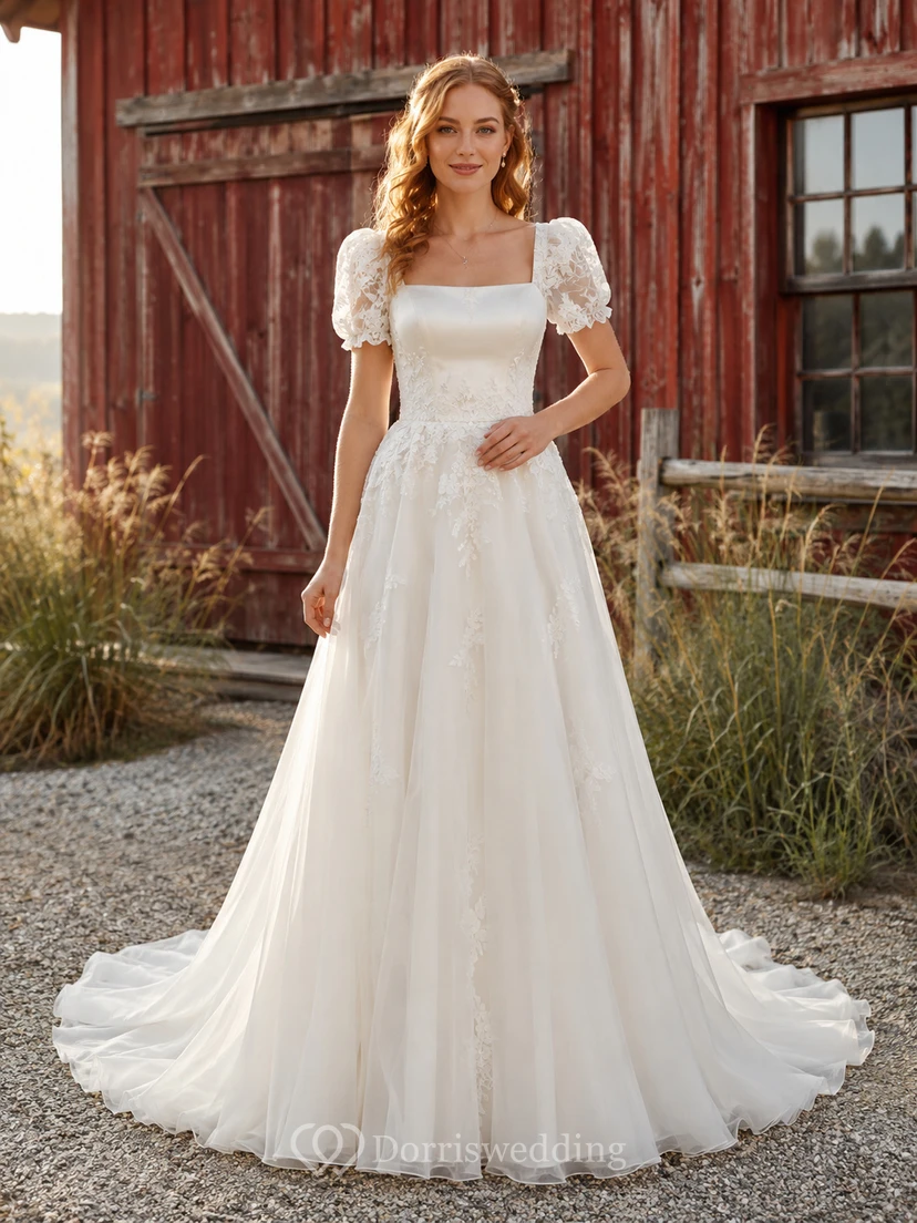 Brautkleid aus Chiffon im Landhausstil, A-Linie, eckiger Ausschnitt, Puffärmel, bodenlang, tiefer V-Ausschnitt am Rücken