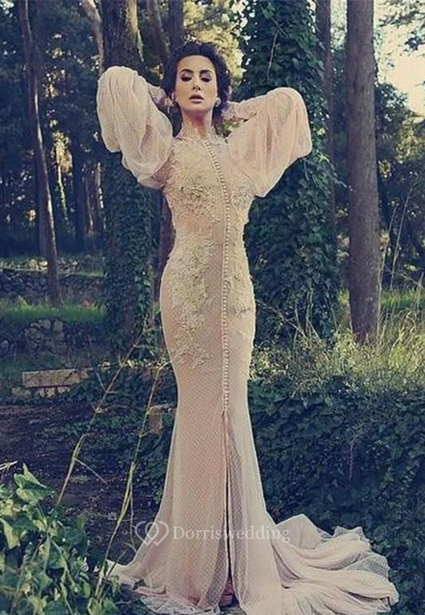 Modern High Neck Long Sleeve Mermaid Prom Dress With Lace Appliques