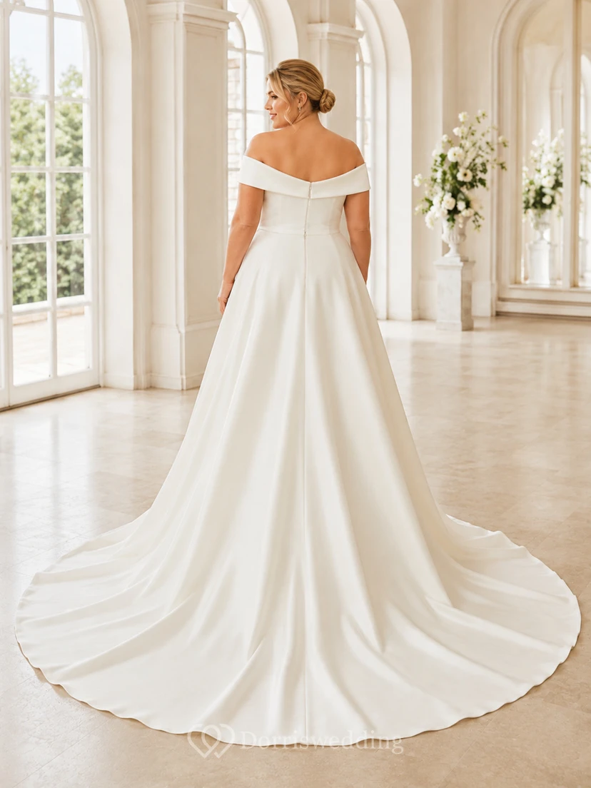 Robe de mariée minimaliste en satin, robe de bal à épaules dénudées et traîne. view 2