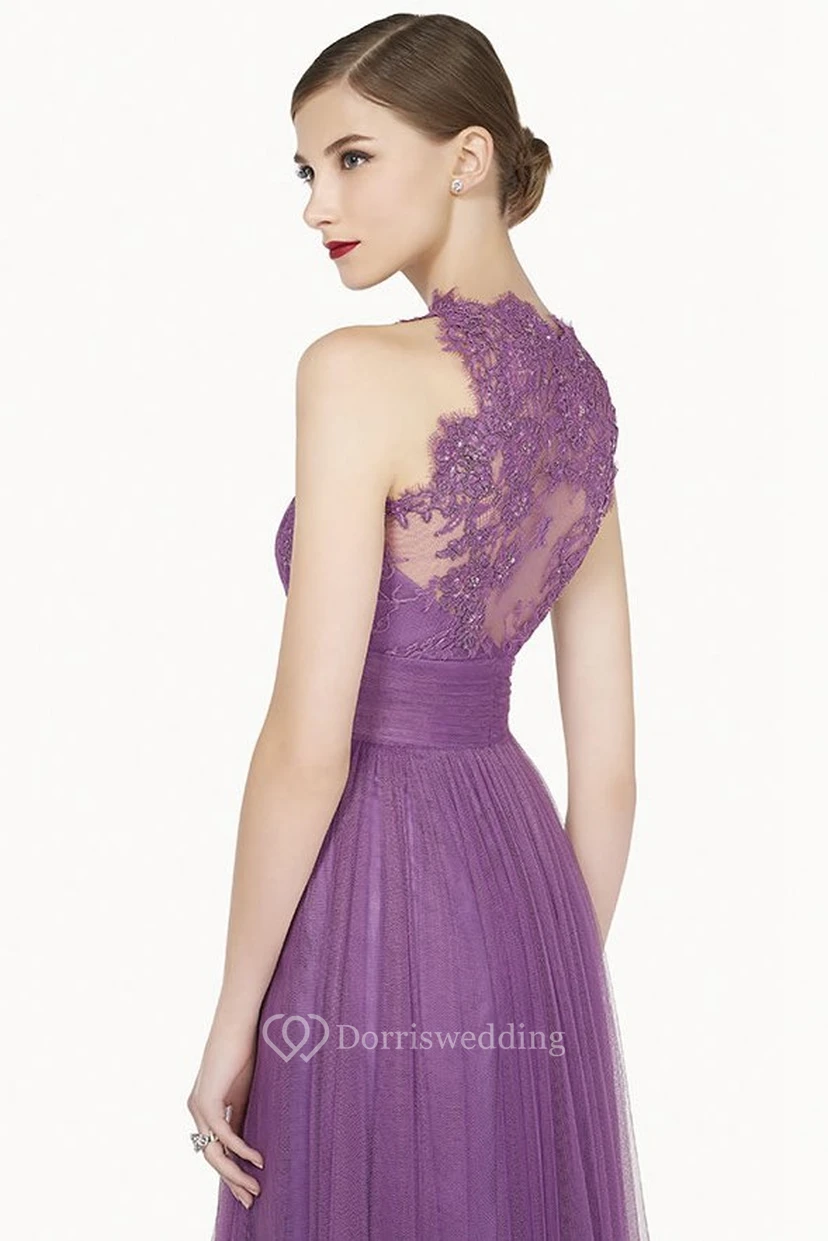 Lace High Neck Sleeveless A-Line Tulle Long Prom Dress With Bandage view 2