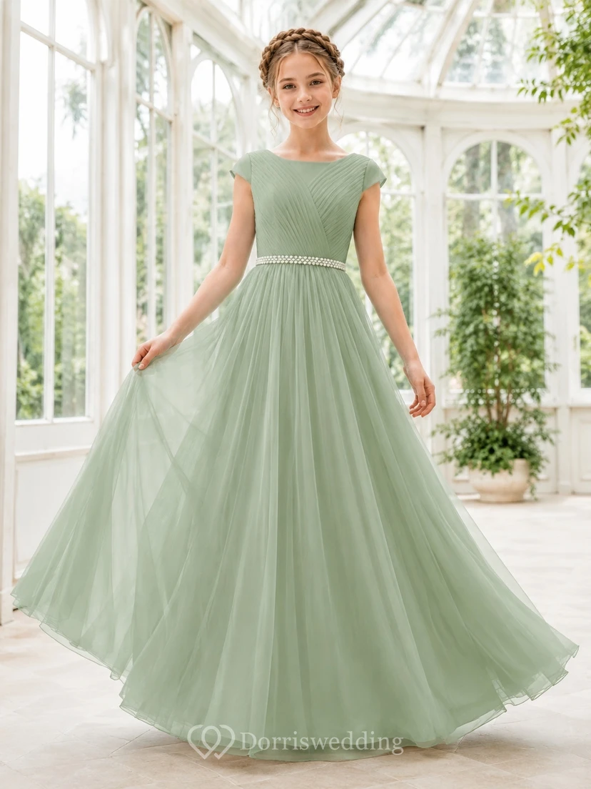 Celadonfarbenes Brautjungfernkleid im A-Linien-Stil mit kurzen Ärmeln, Chiffon und Perlenbesatz an der Taille – elegant