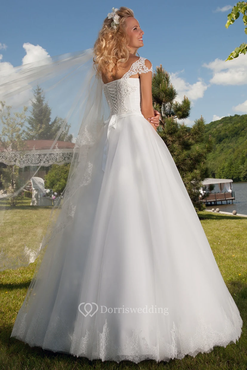 A-Line Appliqued Cap Sleeve Square Neck Tulle Wedding Dress With Lace-Up view 2