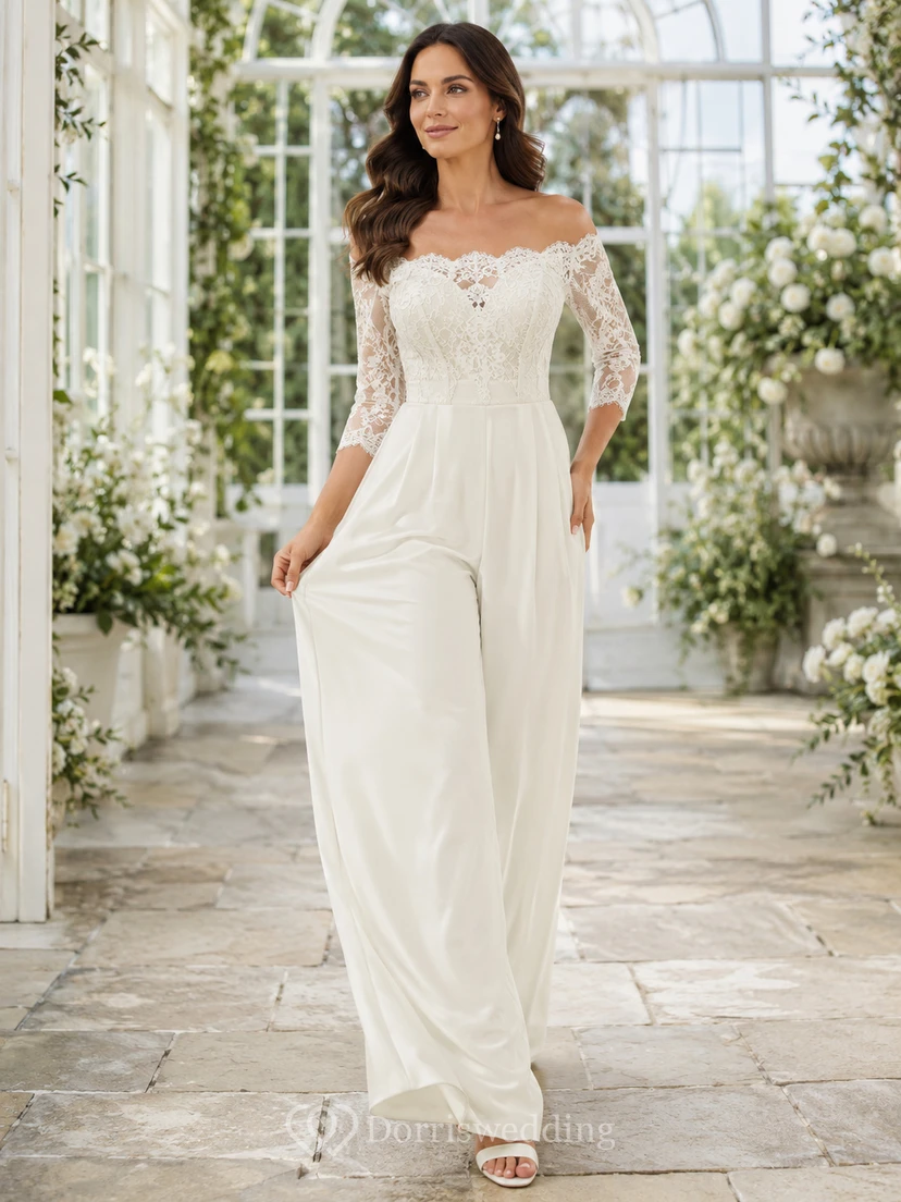 Romantic Off Shoulder Lace Bridal Jumpsuit Wide Leg Three Quarter Sleeves