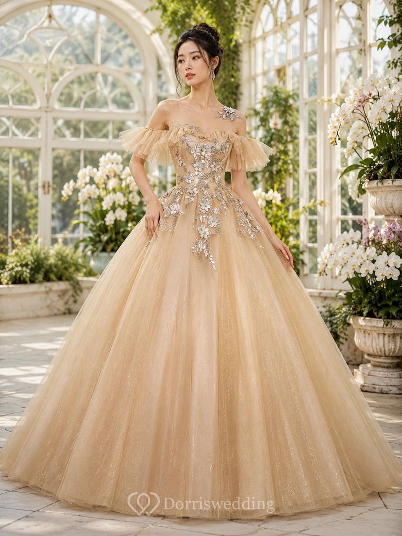 Robe de bal brodée vert clair à épaules dénudées view 6