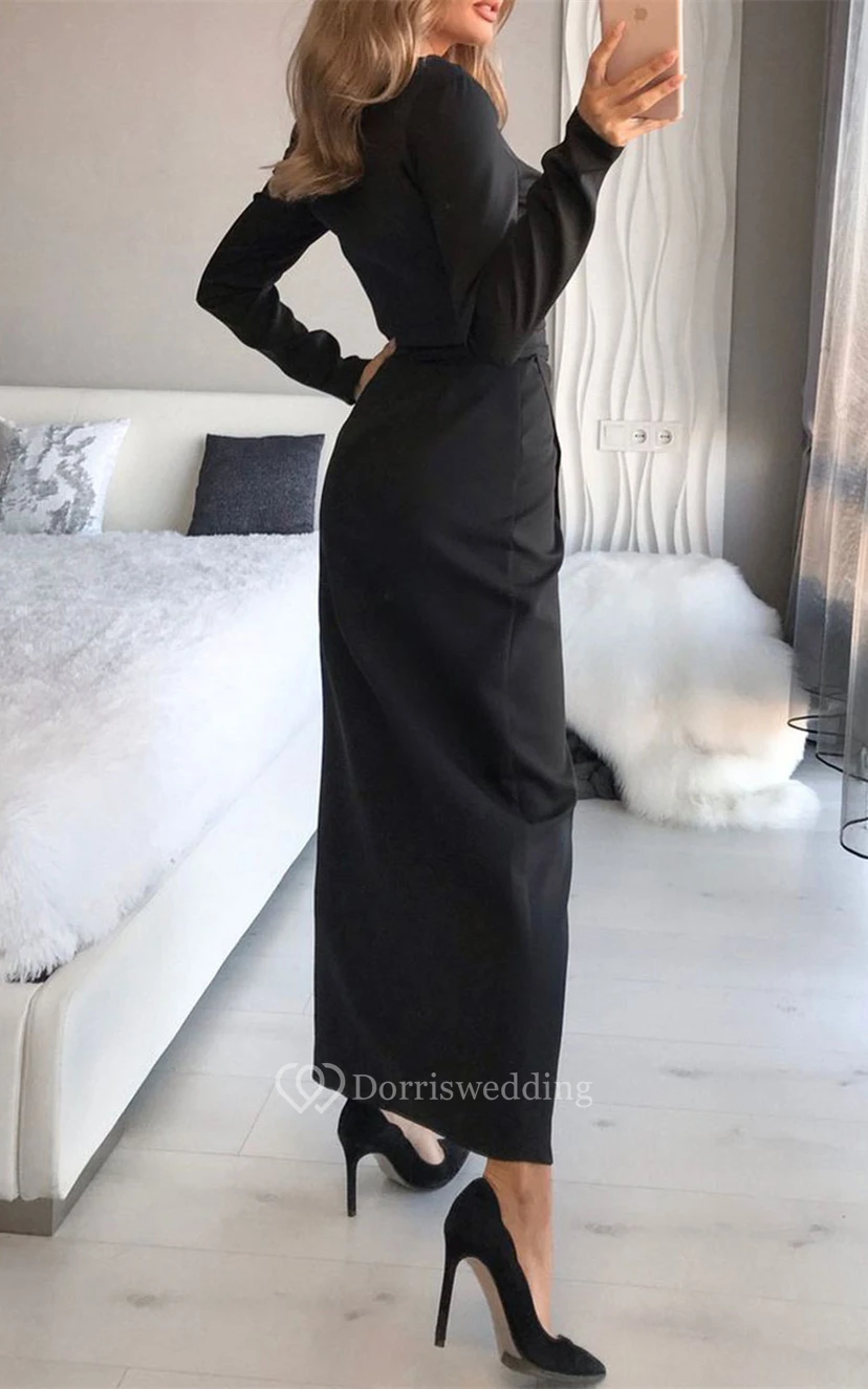 Ankle-length Satin Sheath V-neck Prom Dress with Sash view 2