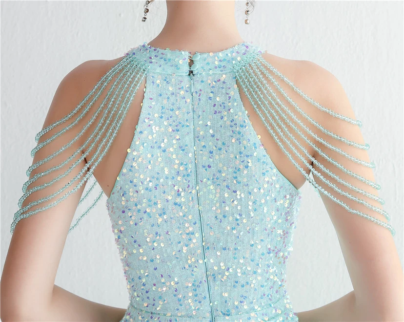 Heavy-Duty Glass Bead Craft Beaded Banquet Evening Dress Temperament Elegant Long Halter Neck Slit Sequins view 7