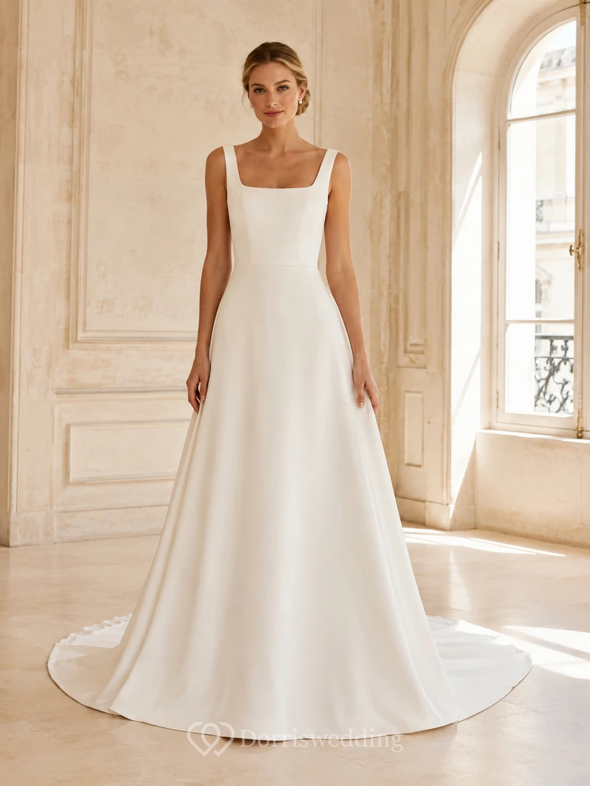 Robe de mariée minimaliste en satin raffiné, col carré, sans manches, coupe trapèze, traîne, idéale pour une cour intérieure.
