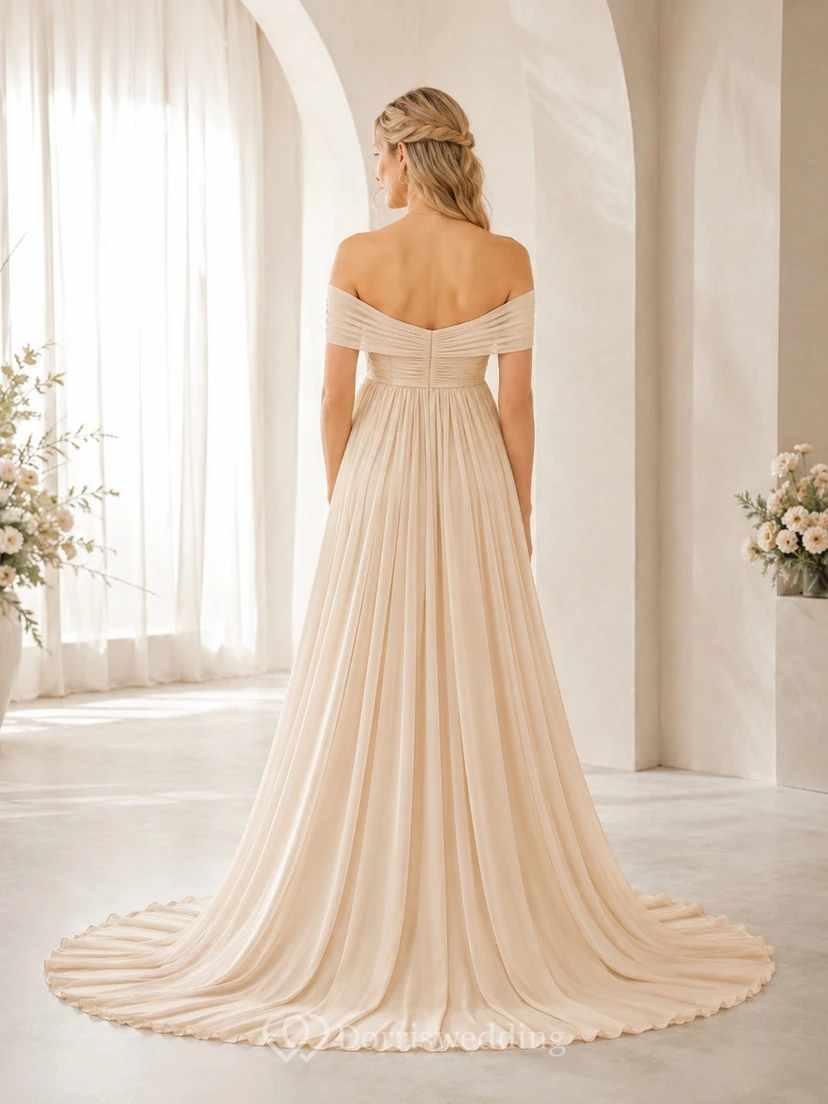 Maternity Champagne Off-Shoulder Pleated Chiffon Empire Sweep Formal Gown view 2