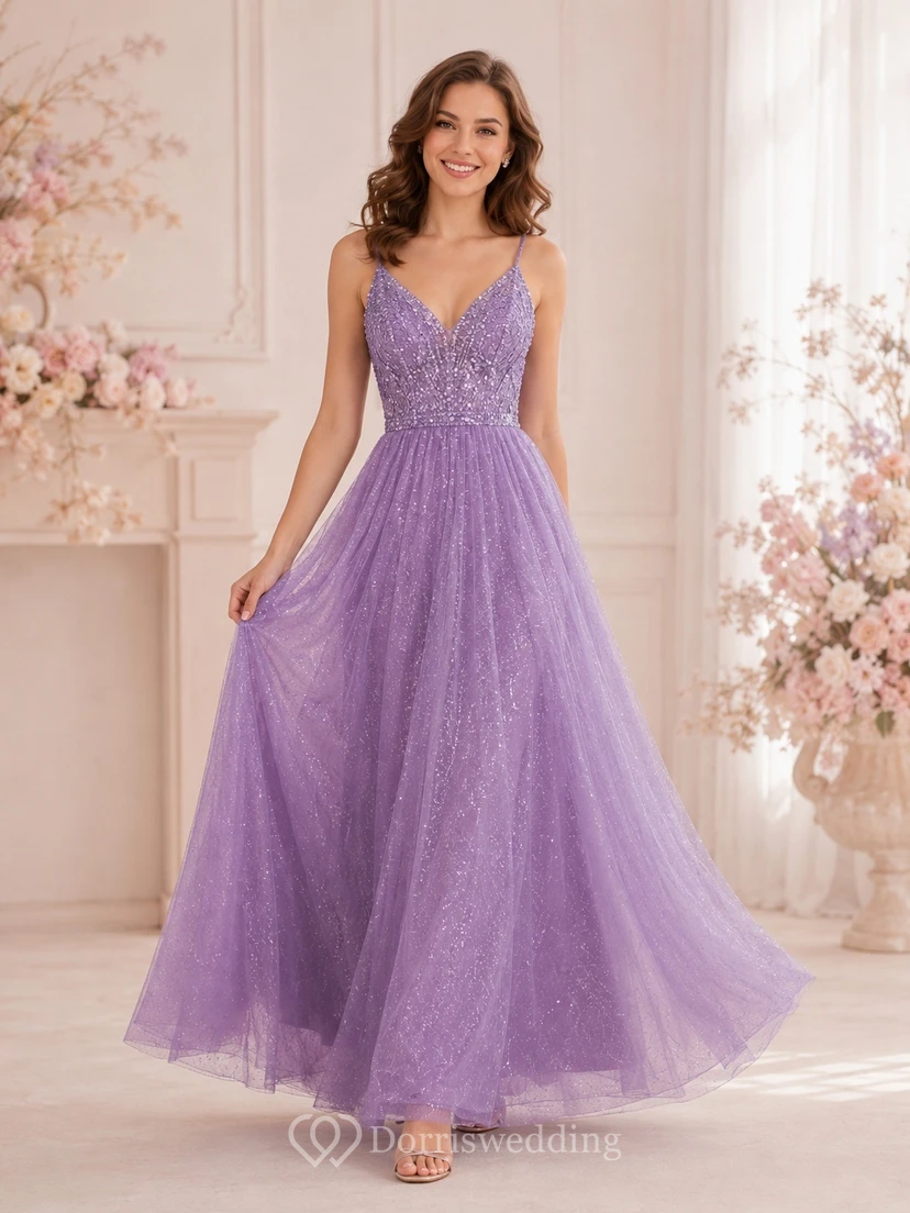 Lavender Evening Dress A-Line Sparkling Tulle V-Neck Spaghetti Strap Sweep Train Romantic Gown