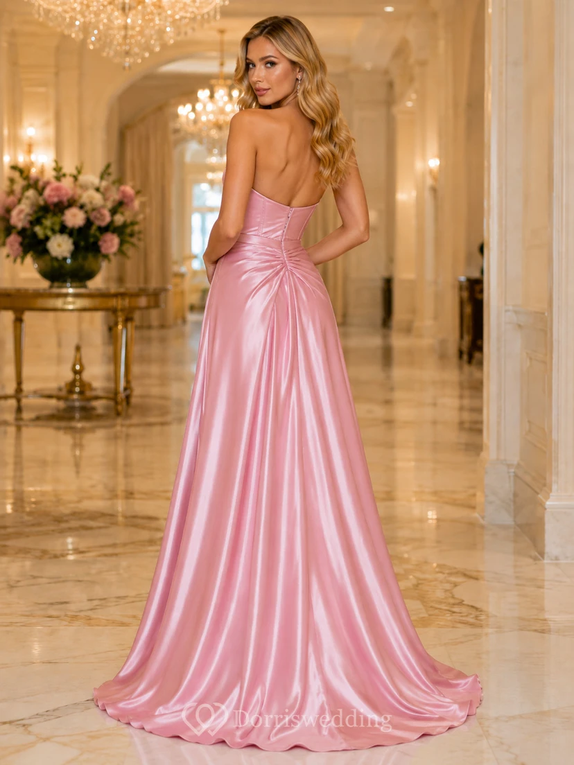 Pearl Pink Strapless Sweetheart Satin Mermaid Split-Front Sweep Prom Gown view 2