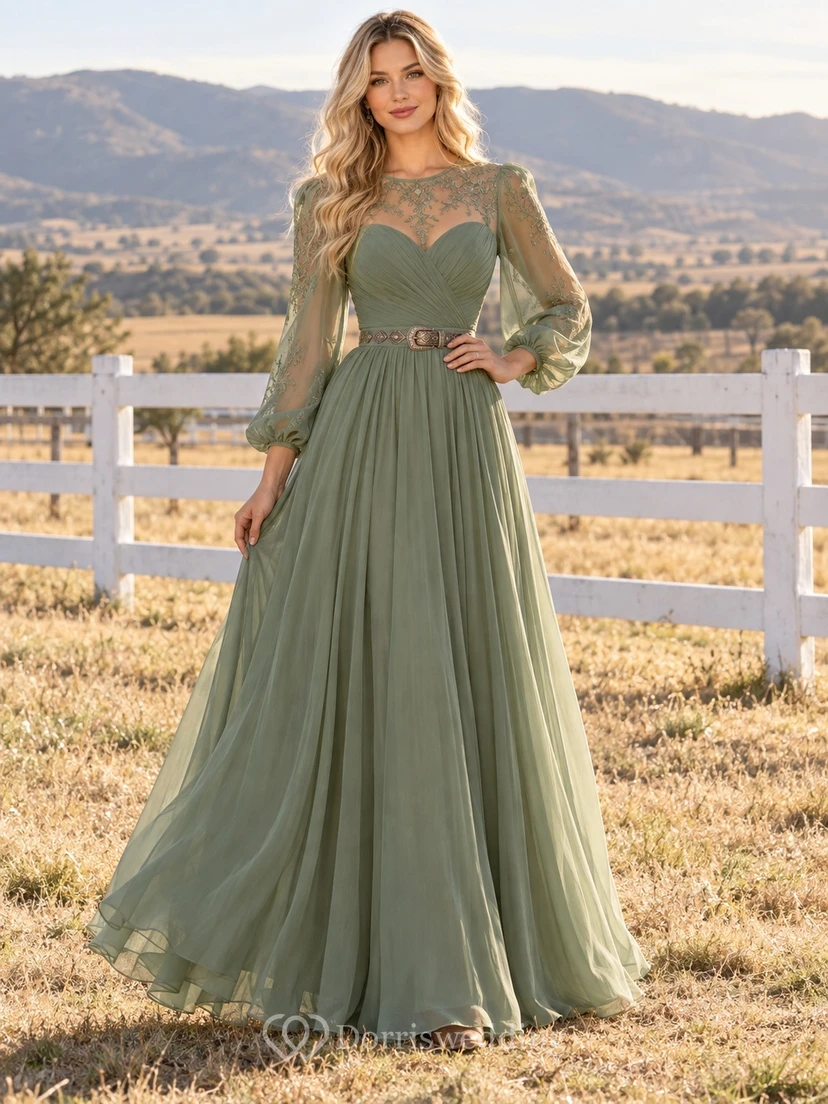 Western Sage Illusion Long Sleeve Chiffon A-Line Formal Dress