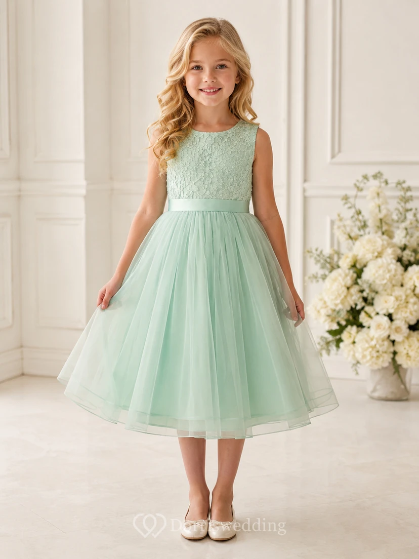 Robe de demoiselle d'honneur en tulle et dentelle vert menthe, coupe trapèze, sans manches, avec nœud et appliques florales