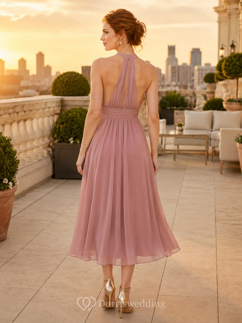 Dusty Rose Luxury Hotel Wedding Guest Bridesmaid Cocktail Formal Dress A-Line Tea-Length Halter High Neck Sleeveless Chiffon Pleated Backless Strappy Back view 2