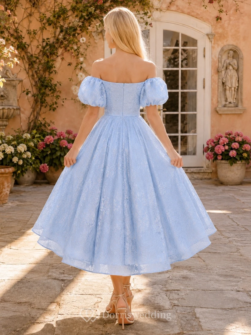 Sky Blue Taffeta Off-the-shoulder Short Sleeve A-Line Midi Dress view 2
