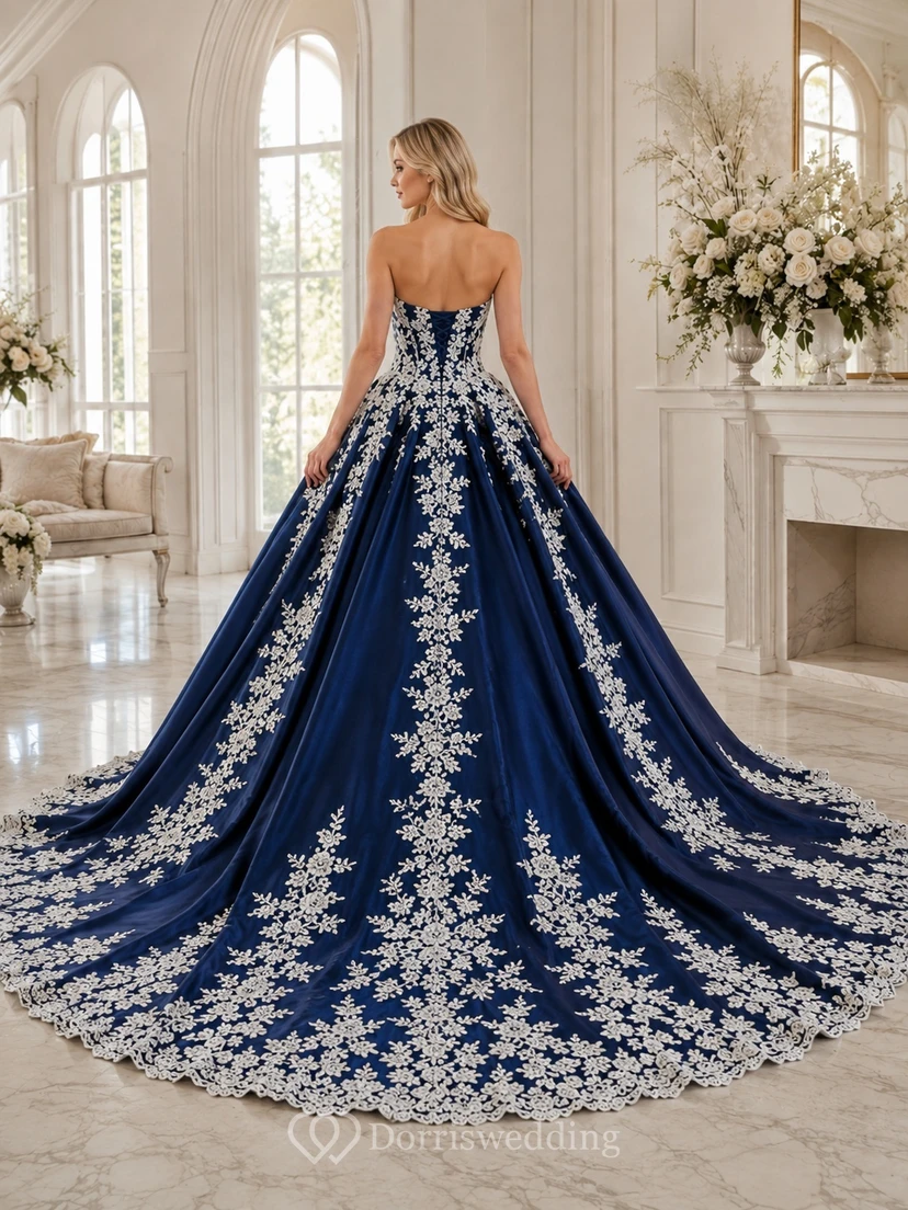 Königsblaues, aufwendig verziertes Ballkleid mit Herzausschnitt, ärmellos, aus Tüll, luxuriöses Kapellen-Hochzeitskleid view 2