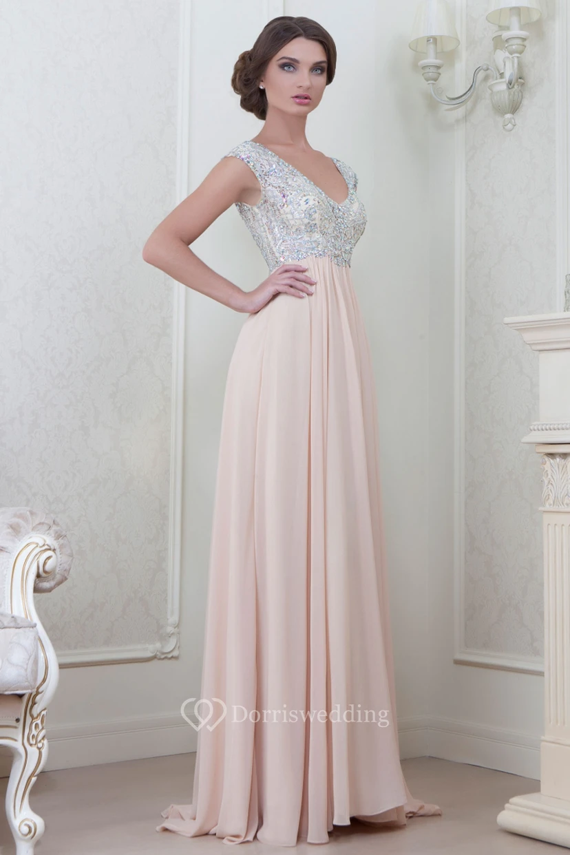 A-Line Cap-Sleeve Empire V-Neck Floor-Length Beaded Chiffon Evening Dress With Pleats view 3