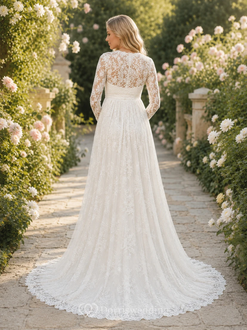Maternity Wedding Dress Sweetheart Long Sleeve Lace A-Line Garden Gown with Illusion Back view 2