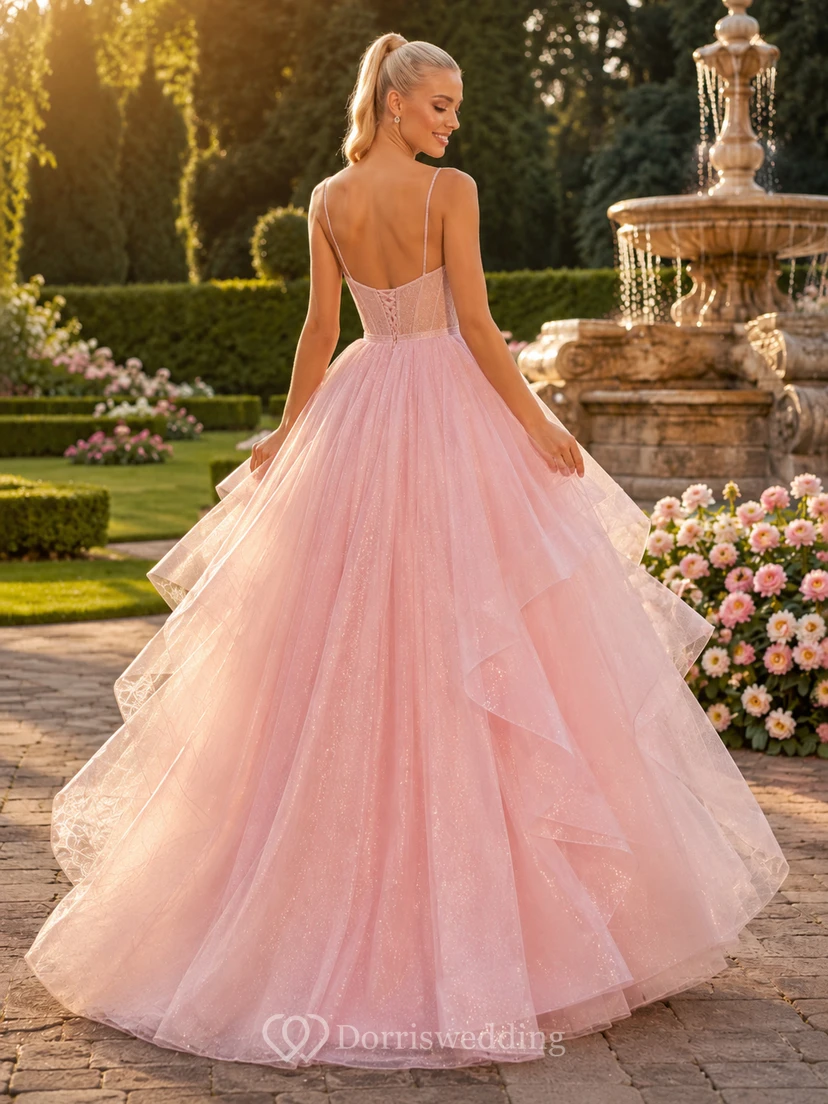 Rosafarbenes, schulterfreies Ballkleid mit Spitzenoberteil und Tüll view 2