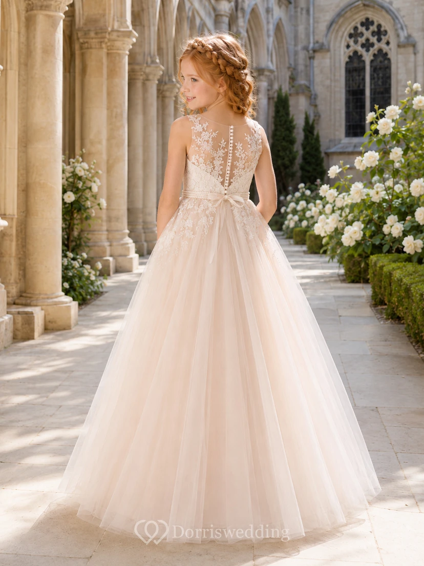 A-Line Cathedral Wedding Flower Girl Dress with Sleeveless Floral Lace Appliques, Tulle Skirt, Beaded Waist, Romantic Garden Style view 2