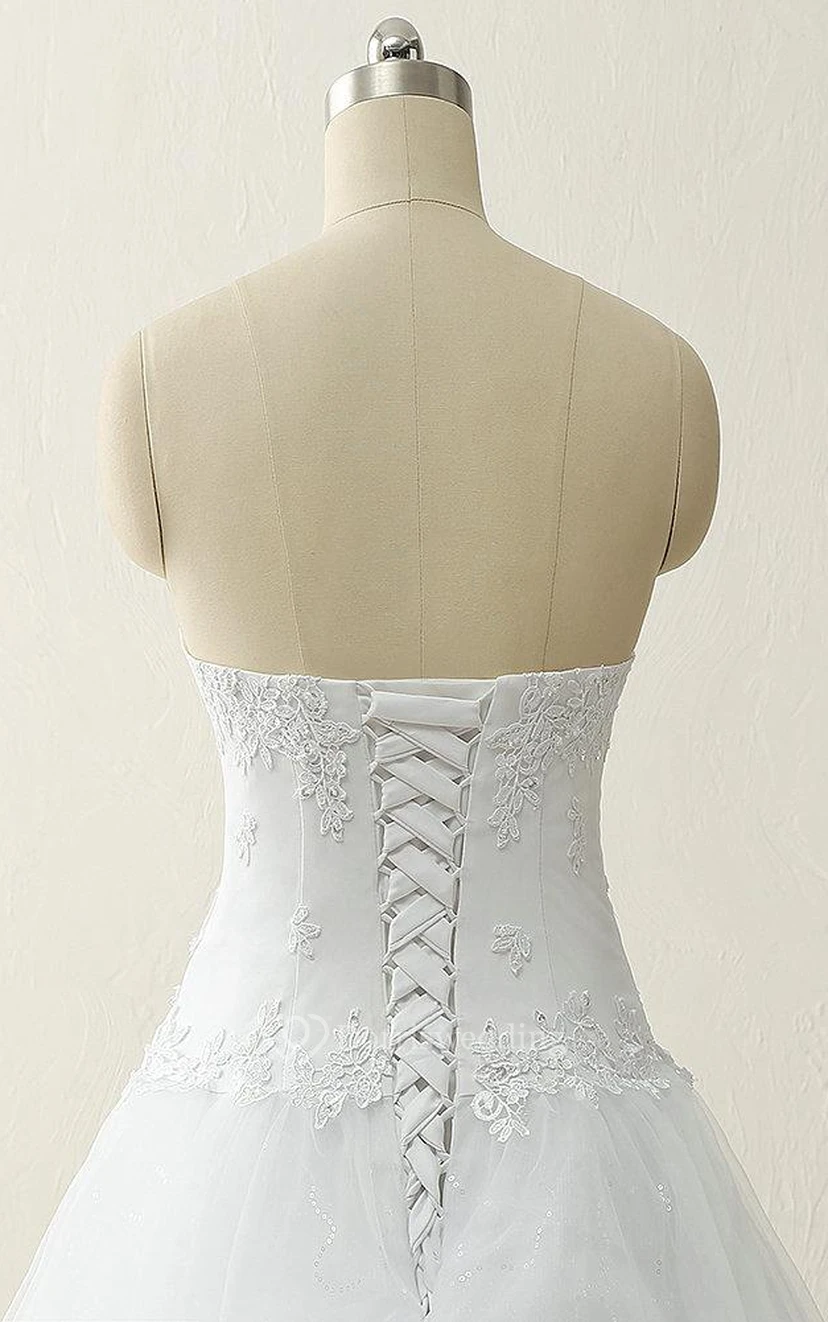 A-Line Ball Gown Floor-Length Straps Sweetheart Beading Appliques Sweep Train Corset Back Straps Tulle Lace Satin Dress view 3