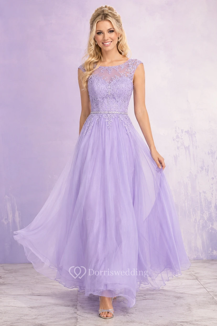 Lavender Tea Length Tulle A-Line Dress with Lace Bodice