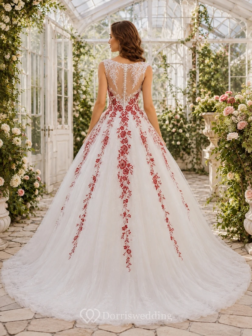 Ärmelloses Brautkleid aus rotem, floralem Spitzenstoff mit A-Linien-Schleppe und Tüllträgern view 2