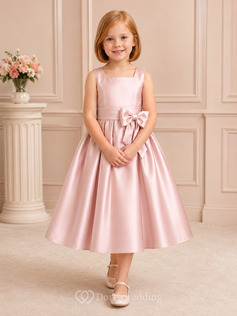 Ärmelloses, wadenlanges A-Linien-Kleid aus rosafarbenem Satin mit eckigem Ausschnitt und Schleife – perfekt für Blumenmädchen bei Gartenhochzeiten.
