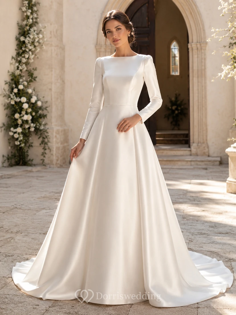 Vestido de novia minimalista de satén, corte A, escote barco, manga larga, cola de corte princesa.