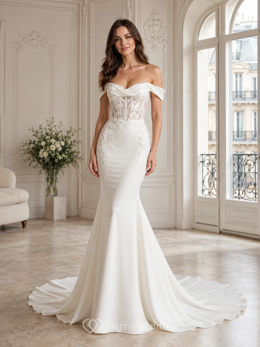 Robe de mariée sirène en satin et dentelle raffinée, épaules dénudées, manches courtes, corsage à traîne chapelle, bustier pavillon