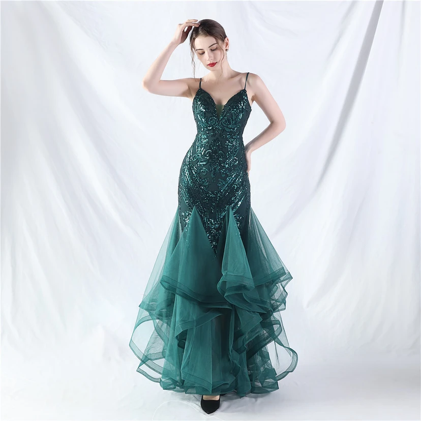 Vestido de actuación para celebración de baile caliente con cuentas de flores y posicionamiento de red rígida. view 11