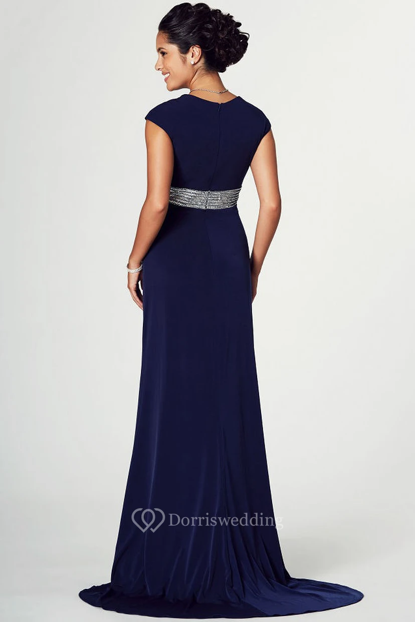 Floor-Length Cap Sleeve V-Neck Jeweled Jersey Prom Dress With Brush Train view 2