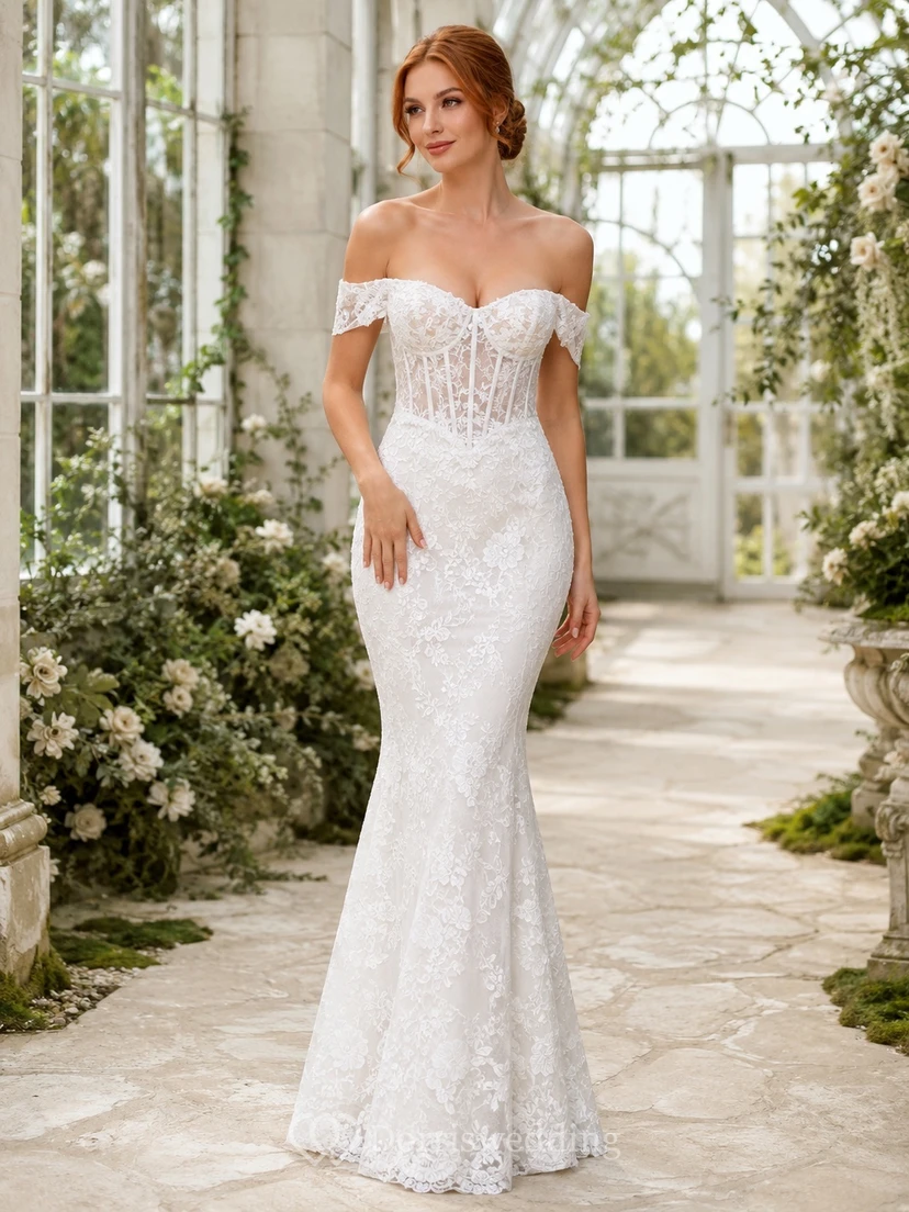 Romantisches Brautkleid mit Spitzenkorsett, schulterfreiem Herzausschnitt, Meerjungfrauen-Stil und bodenlang