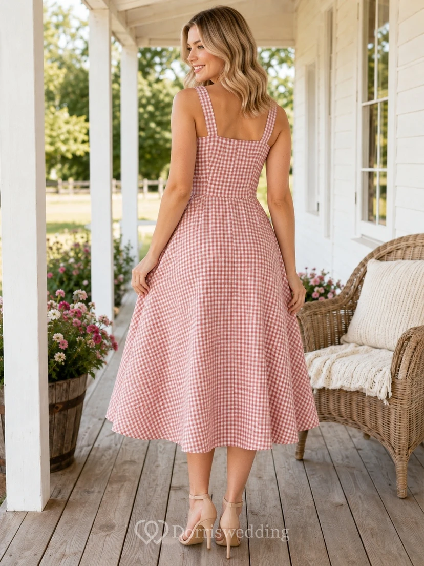 Robe vintage rose poudré à carreaux vichy, bretelles boutonnée, longueur midi, coupe trapèze view 2
