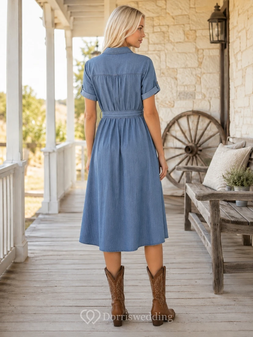 Slate Blue V-Neck Short-Sleeve Tea-Length A-Line Country Dress view 2
