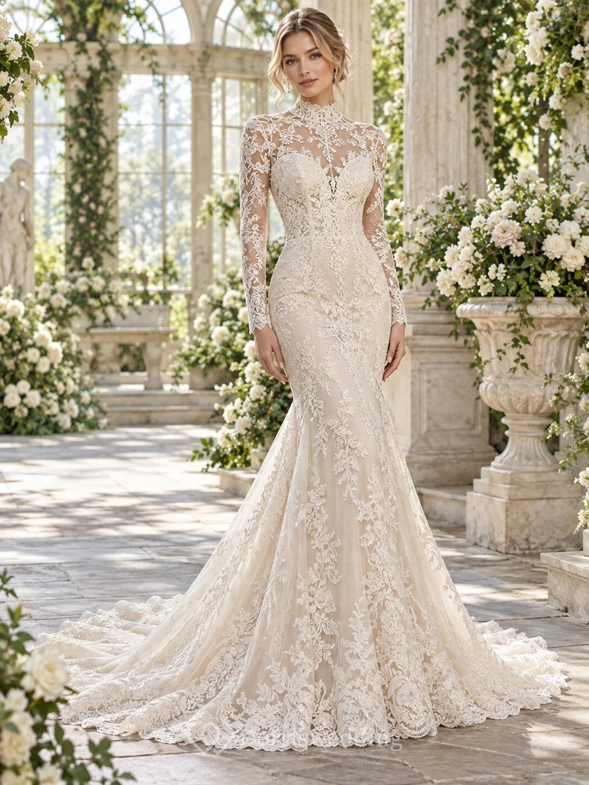 Mermaid Long Sleeve High Neck Floral Lace Train Wedding Dress