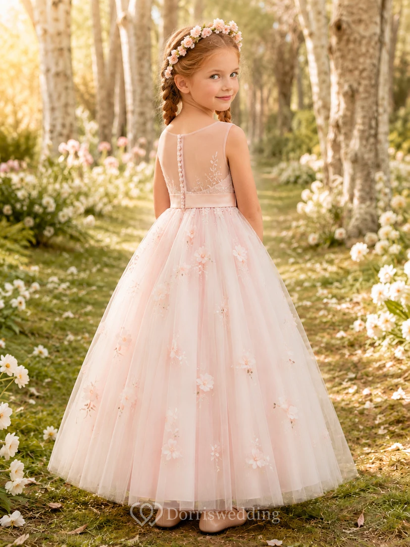 Pink Romantic A-Line Tulle Flower Girl Dress Sleeveless Scoop Neck Floor-Length Floral Applique view 2