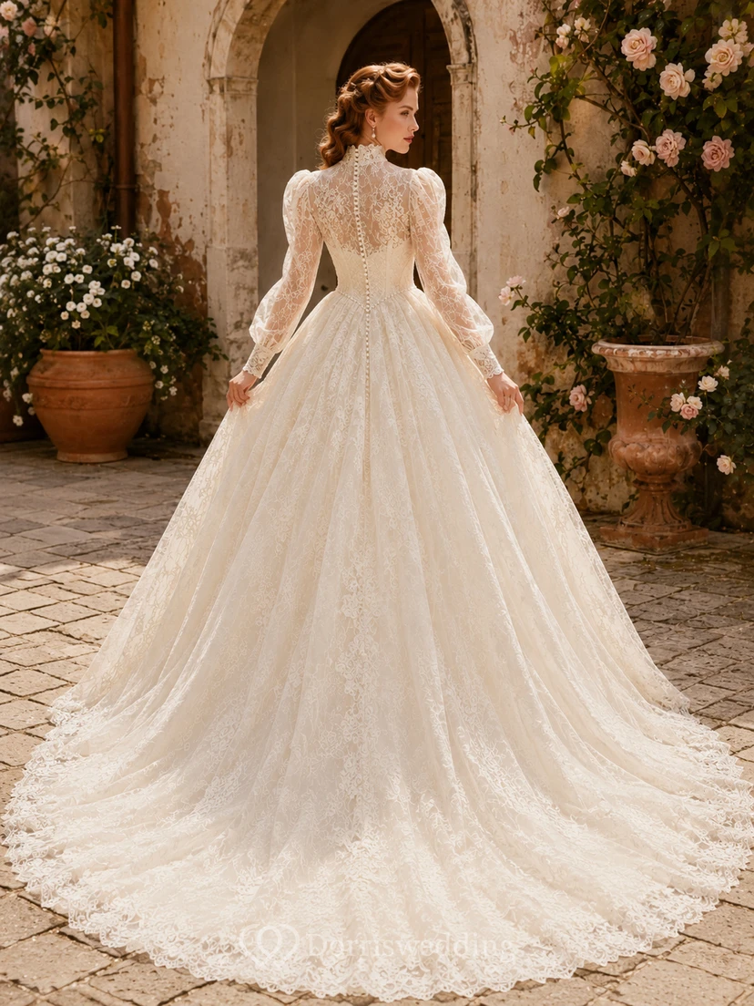 Robe de bal de cour à manches longues et col montant ornée de perles view 2