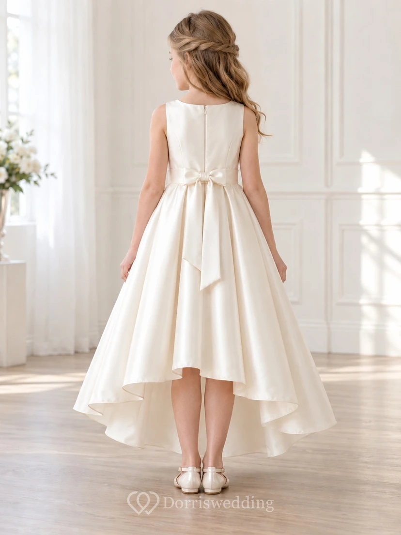 High-low Simple Ivory Sleeveless Scoop Bow Sashed Gathered Satin A-Line Flowergirl Dress view 2