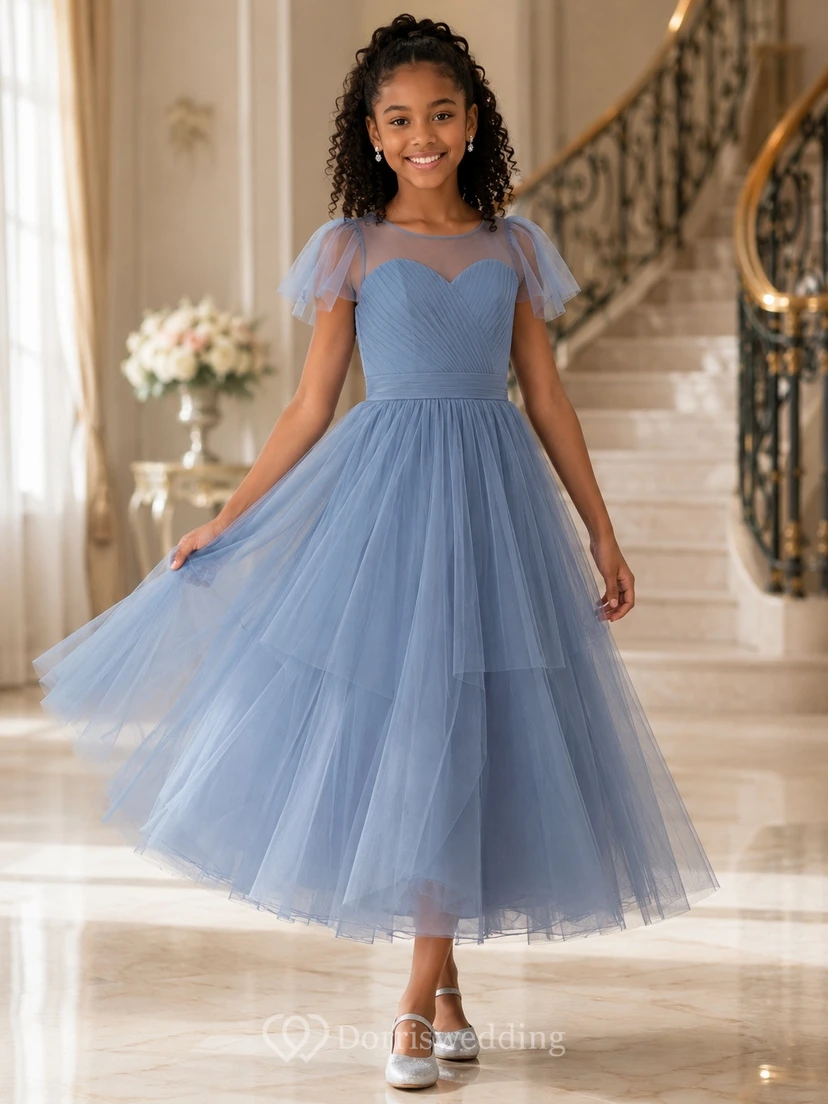 Stahlblaues Brautjungfernkleid für junge Damen, A-Linie, herzförmiger Schnitt, kurze Ärmel, Tüllrock