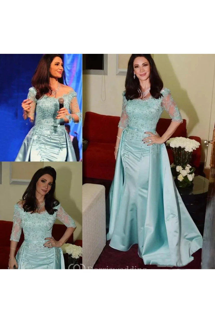 3-4 Length Sleeve Illusion Satin Lace Sexy Bodycon Scoop Luxury Women Floor-length Appliques Evening Dress view 4