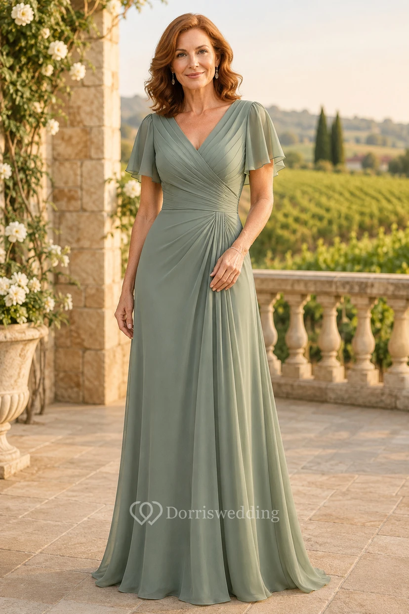 Robe mère en mousseline de soie couleur sauge, col en V, coupe trapèze, manches papillon