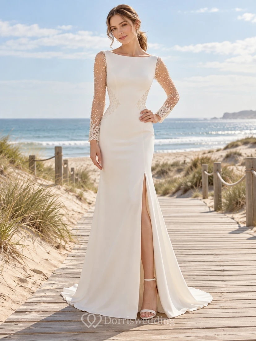 Long Sleeve Bateau Neck Split Front Sheath Wedding Dress