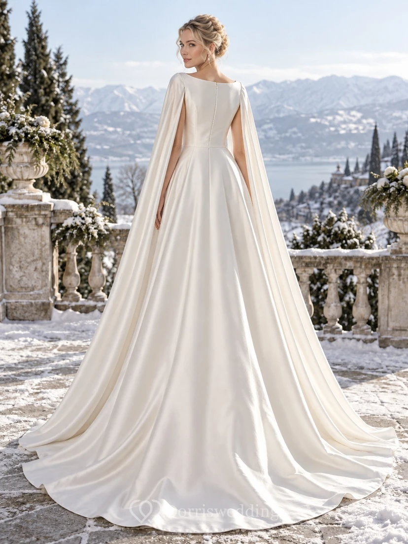 Simple Bateau Satin A-line Winter Wedding Draped Cape Dress view 2