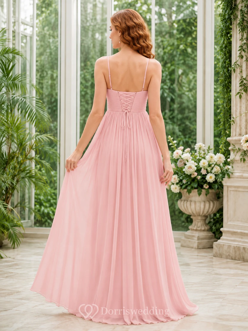 Robe de soirée longue empire en mousseline rose poudré sans bretelles view 2
