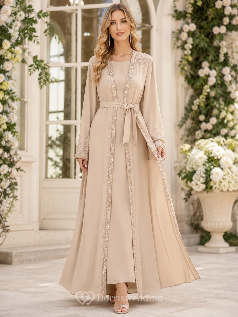 Champagne Chiffon Abaya A Line Floor Length Jewel Long Sleeve Sash Dress
